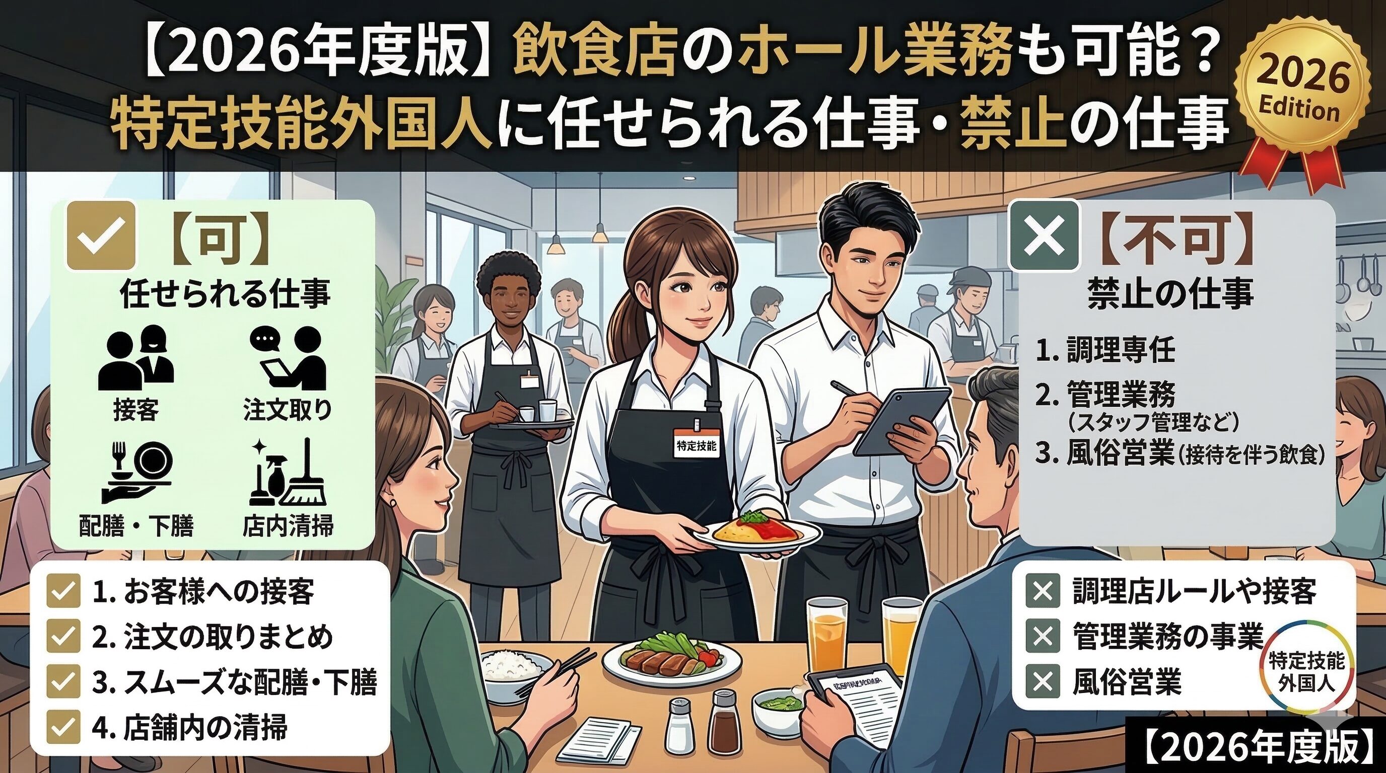 【2026年度版】飲食店のホール業務は可能？特定技能外国人に任せられる仕事・禁止の仕事